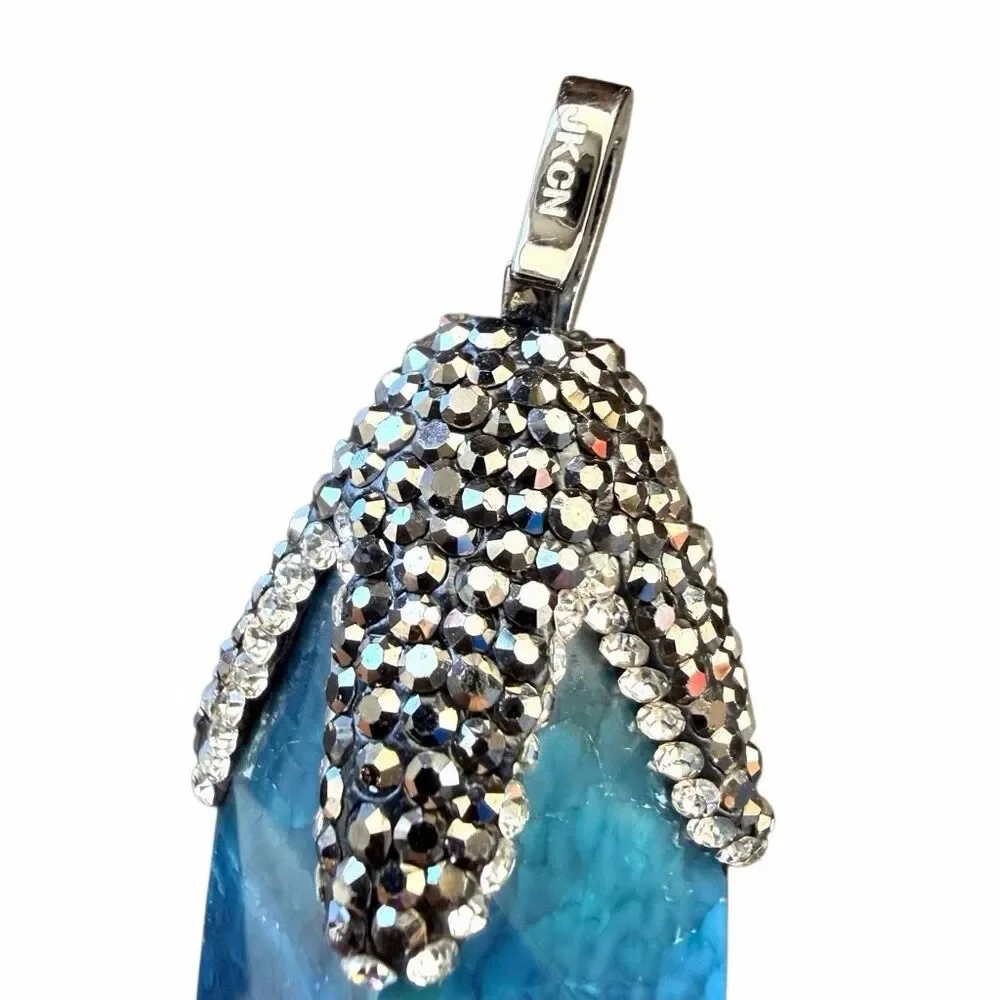 JK CN Blue Agate Crystal Point Statement Necklace with Pave Rhinestone Cap